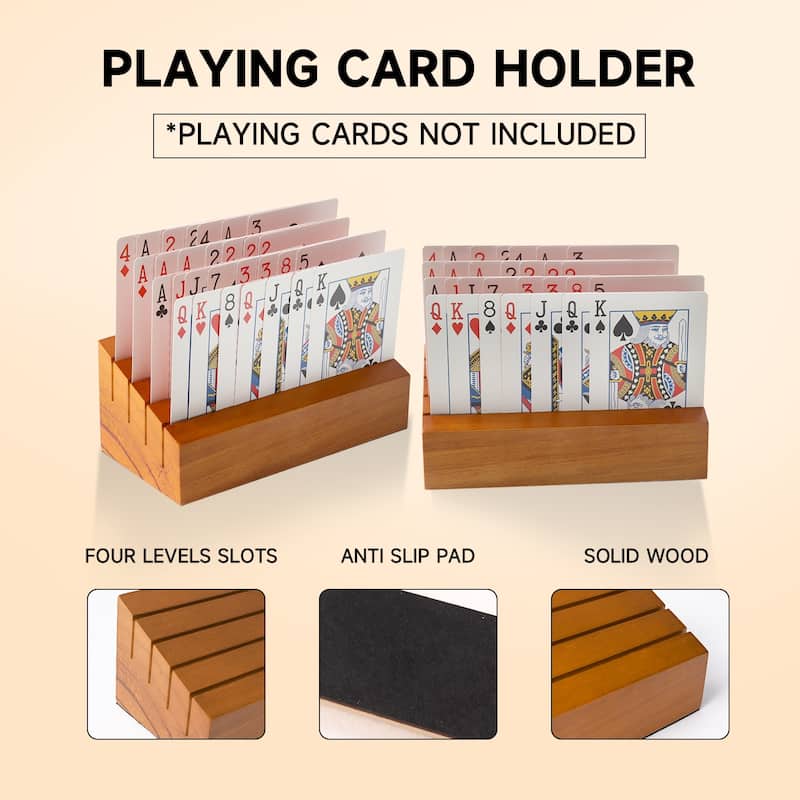 Set of 4 Wooden Playing Card Holders, 6" Card Game Trays/Racks